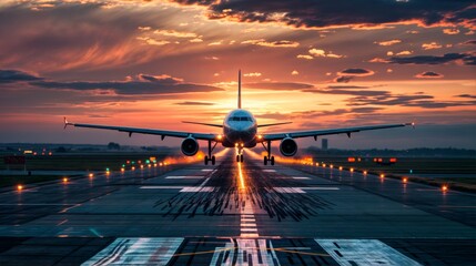 An airplane lands on the runway at sunset, with dramatic skies and bright lights reflecting the motion of the flight..