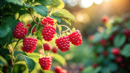 Close-up of red raspberries in a sunny garden. Branch of ripe raspberries in the plantation. Sweet red berries growing on a bush in the fruit garden.