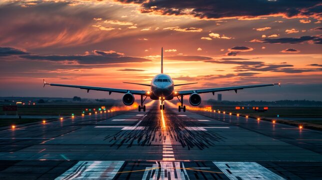 An airplane lands on the runway at sunset, with dramatic skies and bright lights reflecting the motion of the flight..