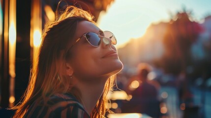 A woman enjoys the sunset with sunglasses, her face illuminated by the warm golden light, creating a serene and reflective moment..