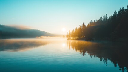 A misty morning by the lake with a golden glow, trees reflected on the water, and the peaceful calm of nature at dawn..