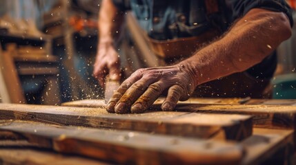 A craftsman works meticulously on wood, carving with focus while sawdust fills the air in a well-lit workshop environment..