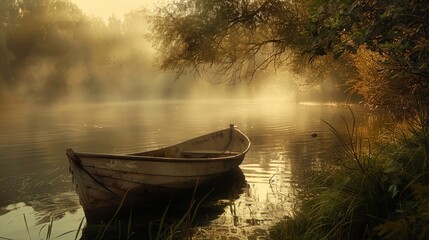 A vintage boat drifts gently on a misty river at sunrise, surrounded by a tranquil, mist-covered environment..