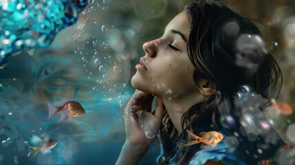 A young woman enjoys the underwater world, surrounded by colorful fish and bubbles, creating an ethereal and peaceful moment..