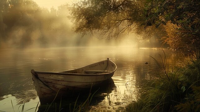 A vintage boat drifts gently on a misty river at sunrise, surrounded by a tranquil, mist-covered environment..