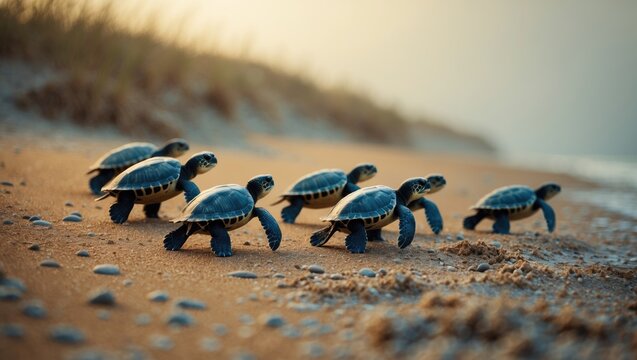 Baby turtles scurrying on a sandy beach heading towards the ocean.