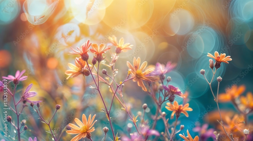 Poster a close-up shot of vibrant spring flowers with a dreamy bokeh light background, creating a soft and 
