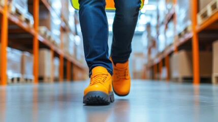 Fototapeta premium Bright Safety Boots Stepping in Warehouse Aisle with Shelves Nearby
