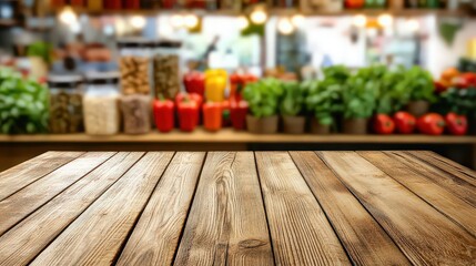 Wooden table on blurred kitchen bench background .Spices on wooden table and blurred kitchen background 
