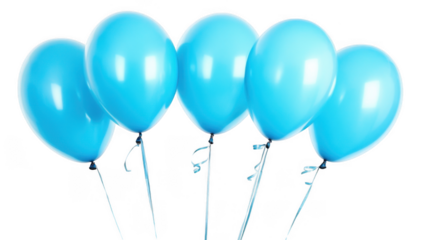 A group of five light blue balloons floating with ribbons against a black background in a studio shot