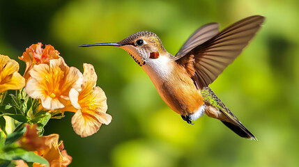 Fototapeta premium vibrant hummingbird hovering near bright orange flowers, showcasing its iridescent feathers and delicate wings in lush green background