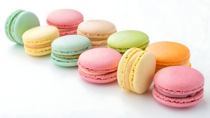 Sweet and colourful french macaroons or macaron on white background, Dessert.