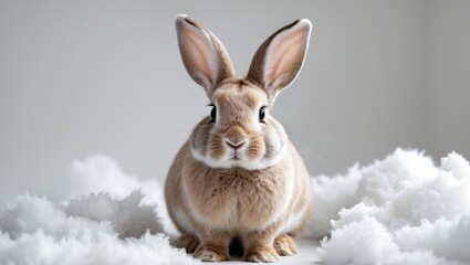 Portrait of a red bunny rabbit facing the viewer against a white background.