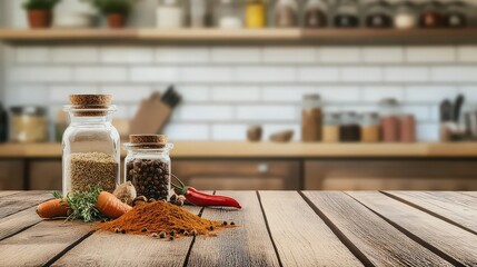Wooden table on blurred kitchen bench background .Spices on wooden table and blurred kitchen background 