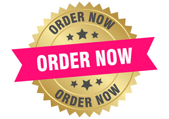 order now. order now round pink and gold label isolated on transparent background