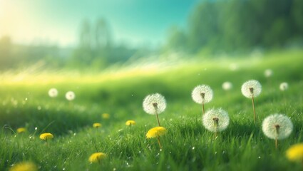 Wide format image of a pristine forest lawn featuring fresh grass and yellow dandelions.