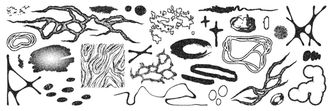 Graphic stippling shape asset pack. Grain texture abstract figures in vector for design template, poster, sticker. Trendy elements isolated on white background
