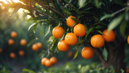 Ripe oranges on a branch in the garden