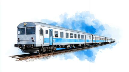 Obraz premium colorful illustration of train traveling along railway track, showcasing its sleek design and vibrant blue accents against soft watercolor