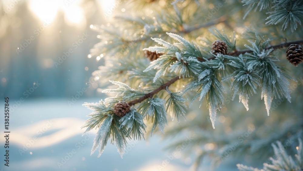 Poster nature background featuring snowy pine tree branches with shallow depth of field. pine tree in hoarf