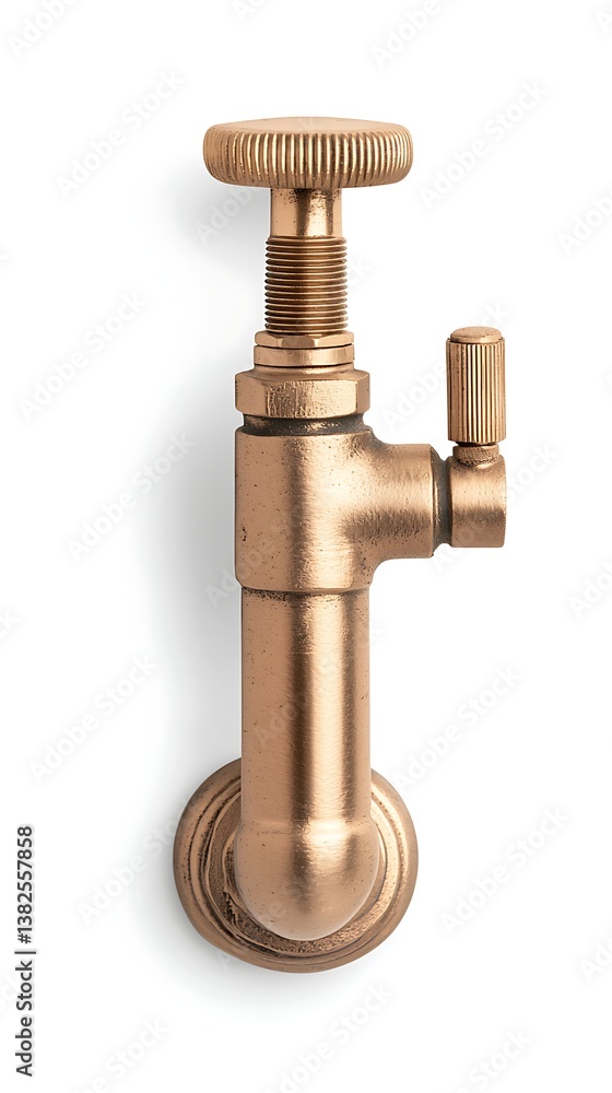 Poster a vintage brass valve attached to a wall, featuring a large handle for operation and a smaller lever