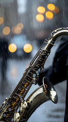 Gold Saxophone in the Rain at Night