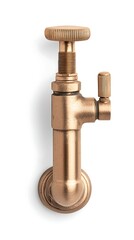 A vintage brass valve attached to a wall, featuring a large handle for operation and a smaller lever for fine-tuning flow.
