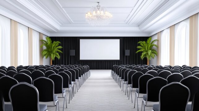 Empty conference hall with rows of black chairs, a large projection screen, and elegant decor. Neutral color palette.