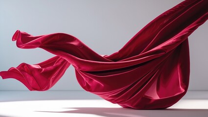 Red curtain fabric soaring in a curved shape, textile piece of red curtain fabric falling through the air. Isolated on white background, dimly lit environment.