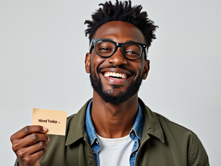 Cheerful young man with glasses holding a note saying Hired Today representing optimism and job recruitment in a modern workspace for an aging population adapting to technology