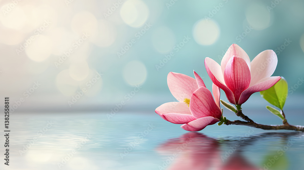 Poster beautiful pink magnolia flowers reflect on serene surface, creating tranquil atmosphere with soft bo