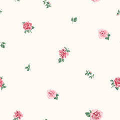 Seamless Millefleurs Floral Pattern with Small Hand-Drawn Flowers Roses in Liberty Style. Vintage Spring Bouquet Design for Fashion Prints. Small Roses on Light Background, Rococo. Rustic