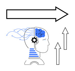 Human head with gears and neural lines connected to a brain, large forward arrow, and upward arrows. Ideal for AI, technology, growth, innovation, strategy, success and futuristic flat simple