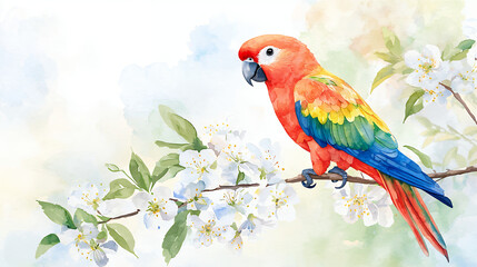 Obraz premium vibrant parrot perched on branch adorned with delicate white flowers, showcasing beautiful blend of colors in serene, watercolor style
