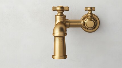A stylish, vintage brass faucet mounted on a smooth, light-colored wall, showcasing elegant design and functionality.