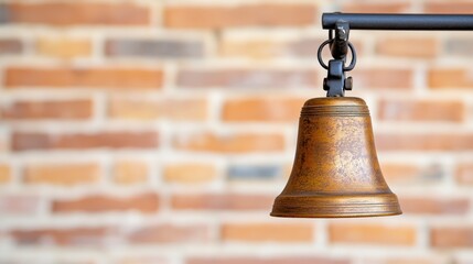 Obraz premium Close up of a vintage brass bell hanging against a blurred brick wall background.