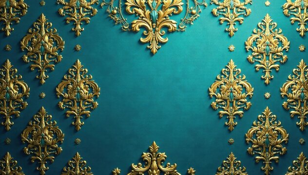 Damask Wallpaper with Gold and Turquoise Motifs, luxurious wallpaper, vintage style