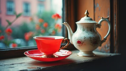 Fototapeta premium Red teacup with white teapot on wooden windowsill featuring a blurred background. Vintage appearance.