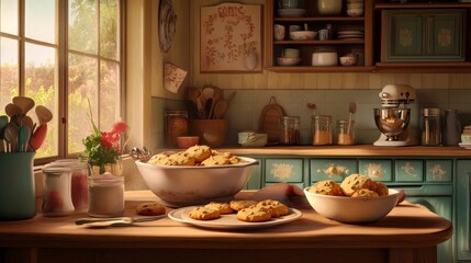 Cozy kitchen scene with cookies on a table near a