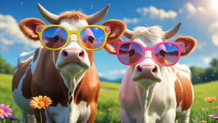 Two adorable cows in trendy oversized sunglasses stand next to each other, radiating infectious joy and friendliness