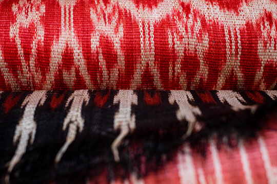 Closeup of T'nalak clothes in various colors and design patterns made from quality Abaca plant fiber, hand crafted by indigenous people in the south of the Philippines, Lake Sebu & T'boli. Animal free
