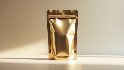 Matte gold packaging for coffee bags, featuring a ziplock foil pouch with a valve and seal, viewed from the front and isolated on a white background. Mockup collection for packaging templates.