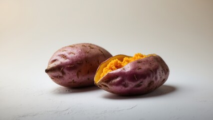 Obraz premium Baked sweet potato against a white backdrop.