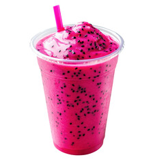 Vibrant pink dragon fruit smoothie in plastic cup with clear lid on transparent background