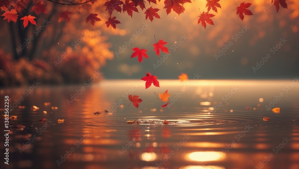 Poster autumn maple leaves descending into water creating a beautiful reflection.