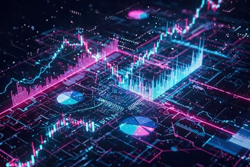 Abstract glowing stock market charts and graphs overlaid on a dark, futuristic cityscape with neon accents. Financial technology and data analysis.

