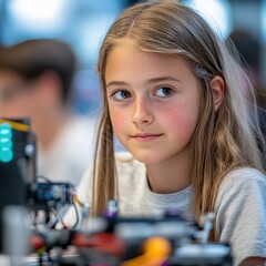 Young Girl Engaged in Robotics Activity at Science Workshop Event