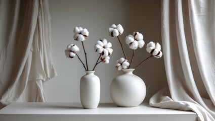 Beige ceramic vases featuring dry cotton branches. Minimalistic and stylish backdrop for showcasing your products in the living room. Modern home decor. Space for text.