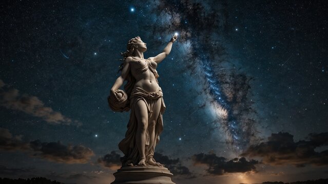 A statue of Asteria, goddess of stars, raising the Milky Way as night clouds swirl beneath her feet