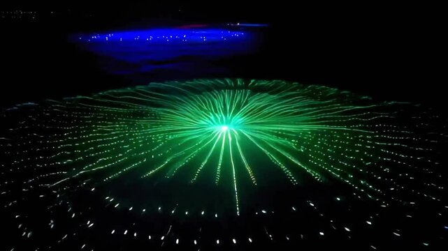 4k shot captures synchronized drone light shows over the ocean at night, aerial view display spectacle, futuristic sky performance, glowing formation choreography, wide cinematic illuminated technolog